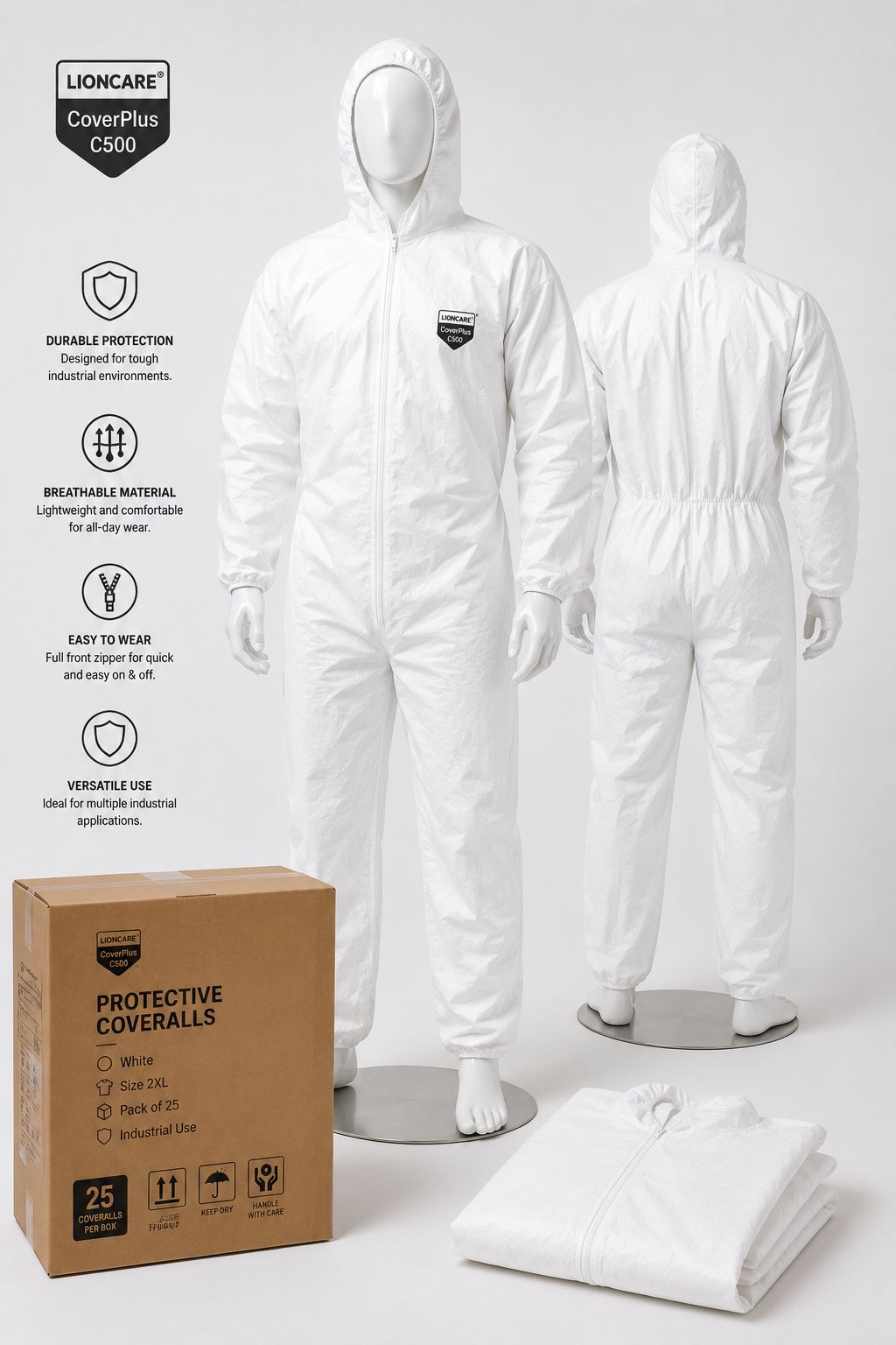 Lioncare CoverPlus C500 Protective Coveralls – White 2XL, Pack of 25